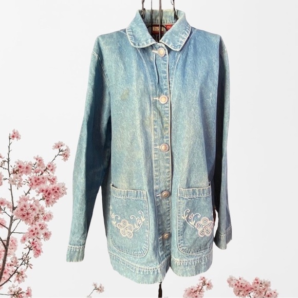 Vintage Jackets & Blazers - Vintage Tudor Court Embroidered Floral Denim Jacket Coat Blue Size Large